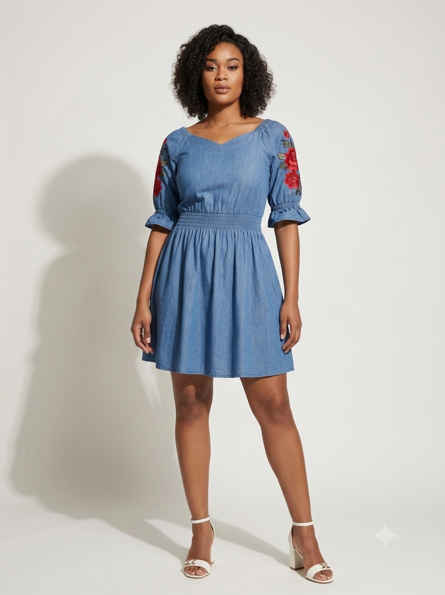 A woman modeling a light blue denim mini dress with red floral embroidery on the puff sleeves, standing against a plain off-white studio background.