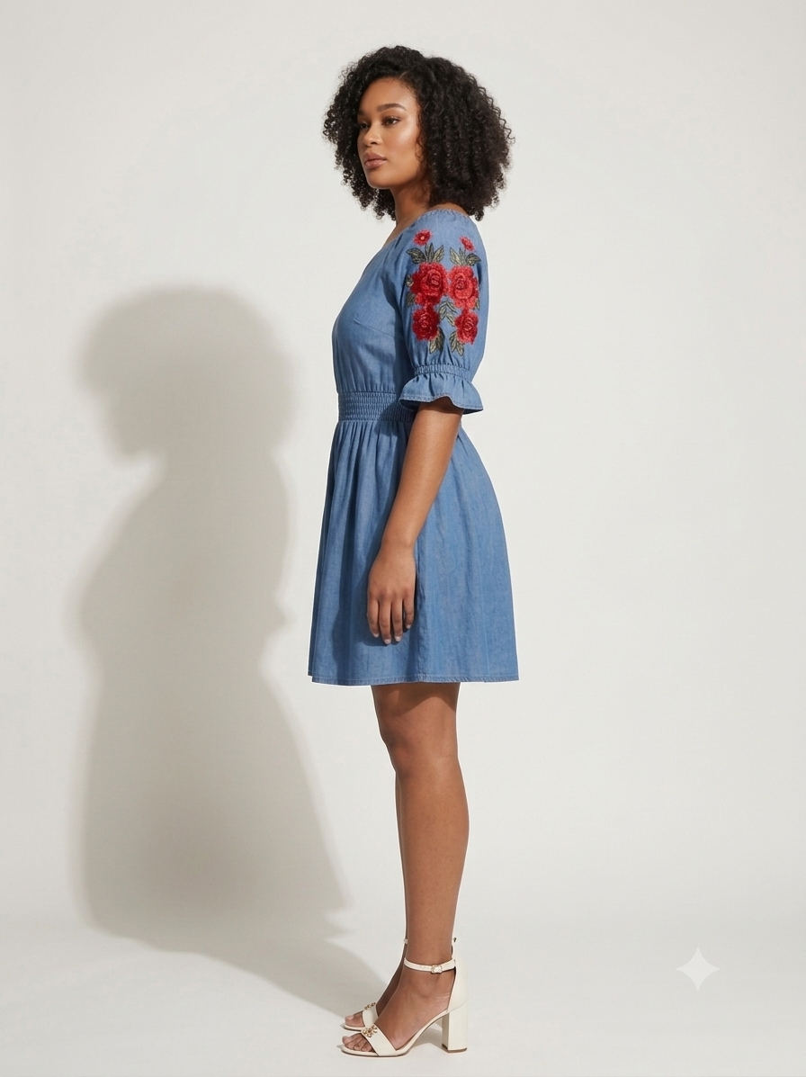 A woman modeling a short blue dress with red floral embroidery on the sleeves, standing in profile against a plain light gray studio background.