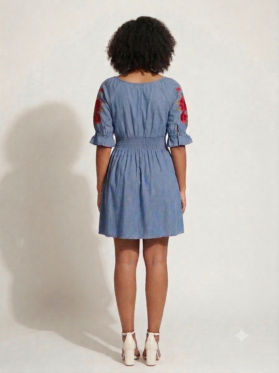 A woman viewed from behind wearing a light blue denim-style mini dress with red floral embroidery on the sleeves, paired with white heeled sandals, against a plain off-white studio background.