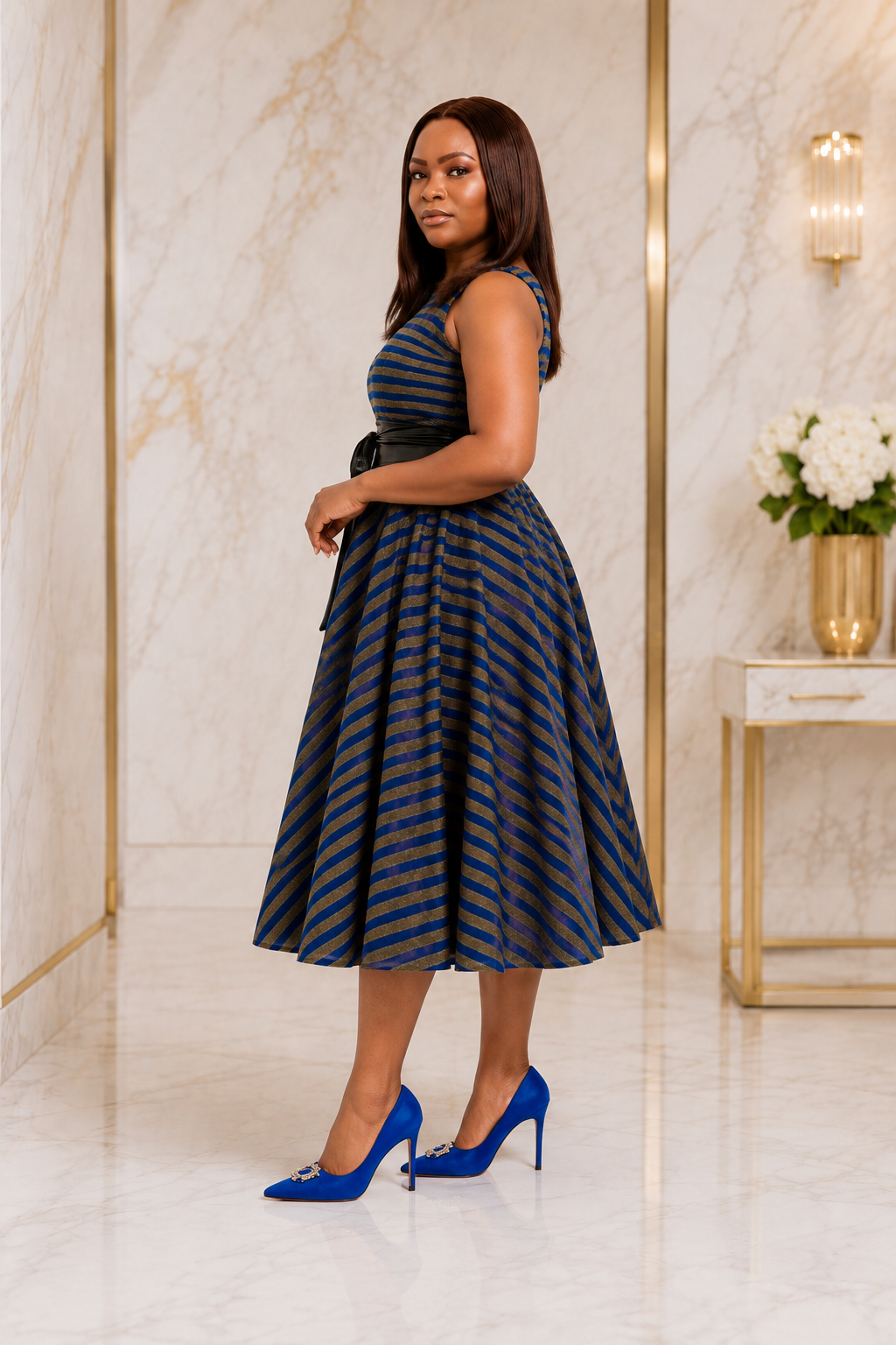 Luxury Metallic Stripe Sleeveless Fit & Flare Midi Dress with Waist Belt – Women's Elegant Occasion Dress
