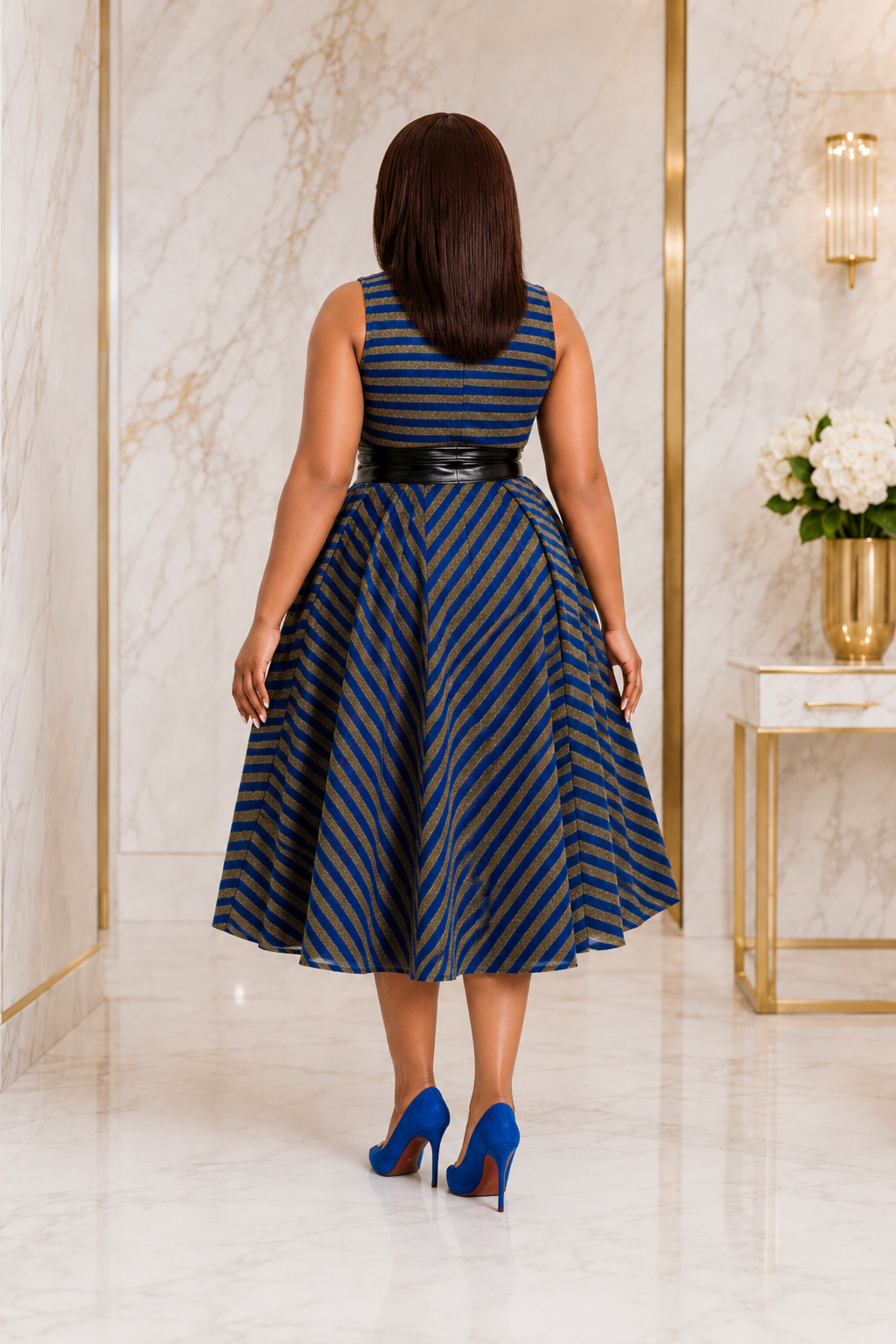 Luxury Metallic Stripe Sleeveless Fit & Flare Midi Dress with Waist Belt – Women's Elegant Occasion Dress