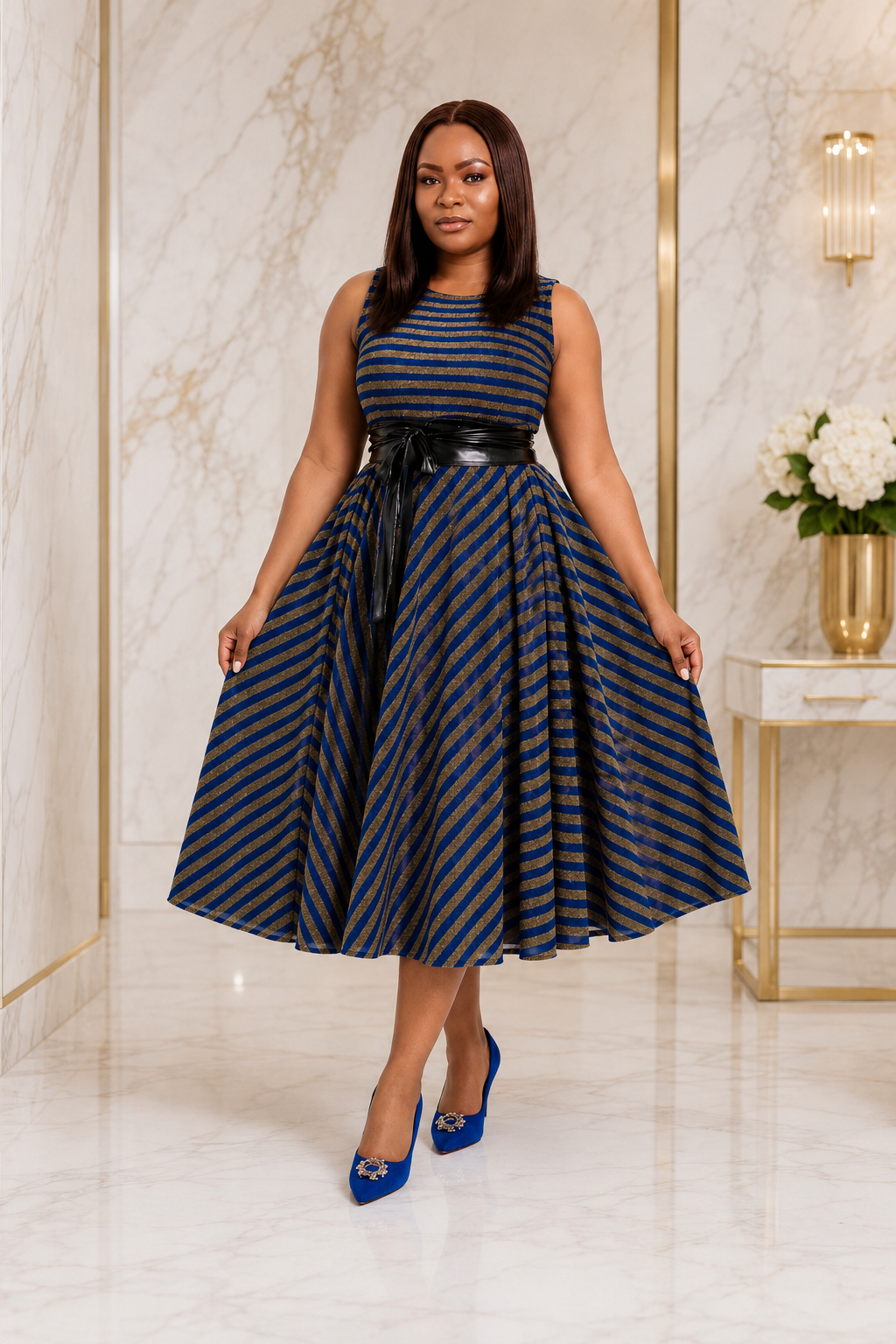 Luxury Metallic Stripe Sleeveless Fit & Flare Midi Dress with Waist Belt – Women's Elegant Occasion Dress