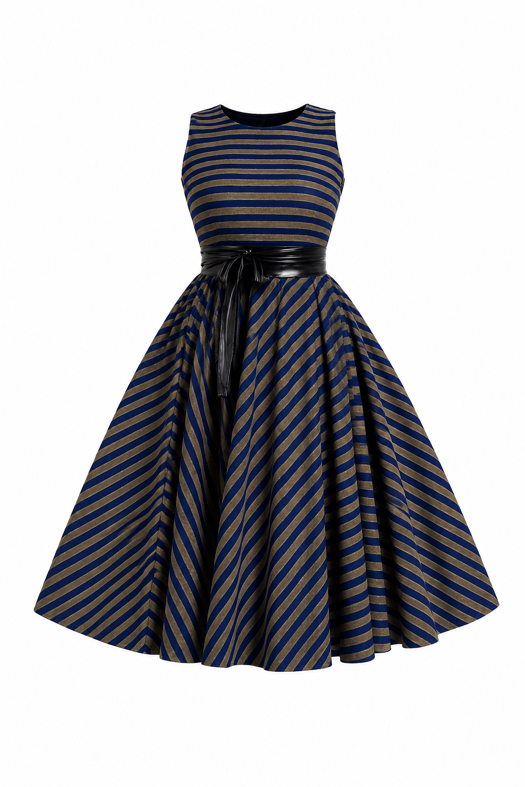 Luxury Metallic Stripe Sleeveless Fit & Flare Midi Dress with Waist Belt – Women's Elegant Occasion Dress