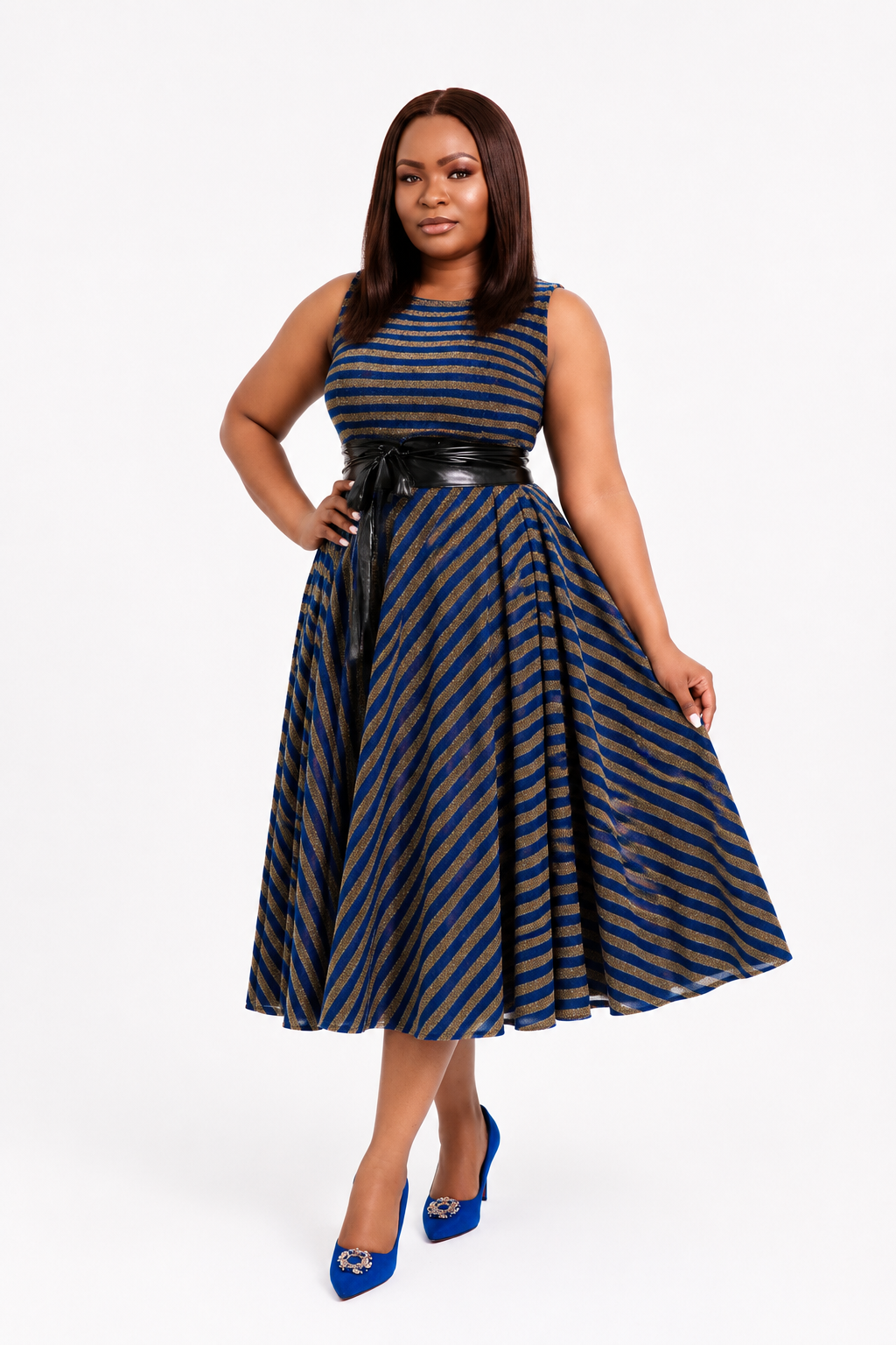 Luxury Metallic Stripe Sleeveless Fit & Flare Midi Dress with Waist Belt – Women's Elegant Occasion Dress