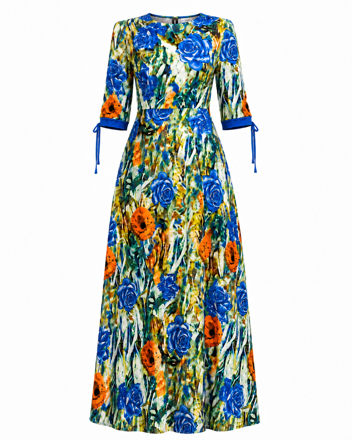 A long-sleeved maxi dress with a vibrant floral print featuring blue roses, orange poppies, and green leaves on a cream background. It has a wrap-style bodice with a matching waist tie and blue tie details at the cuffs.