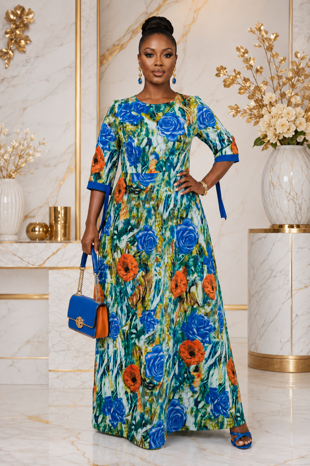 A woman modeling a floor-length, three-quarter sleeve dress with a vibrant blue, green, and orange floral print. She is holding a blue handbag and standing in a luxurious marble-floored room with gold accents.