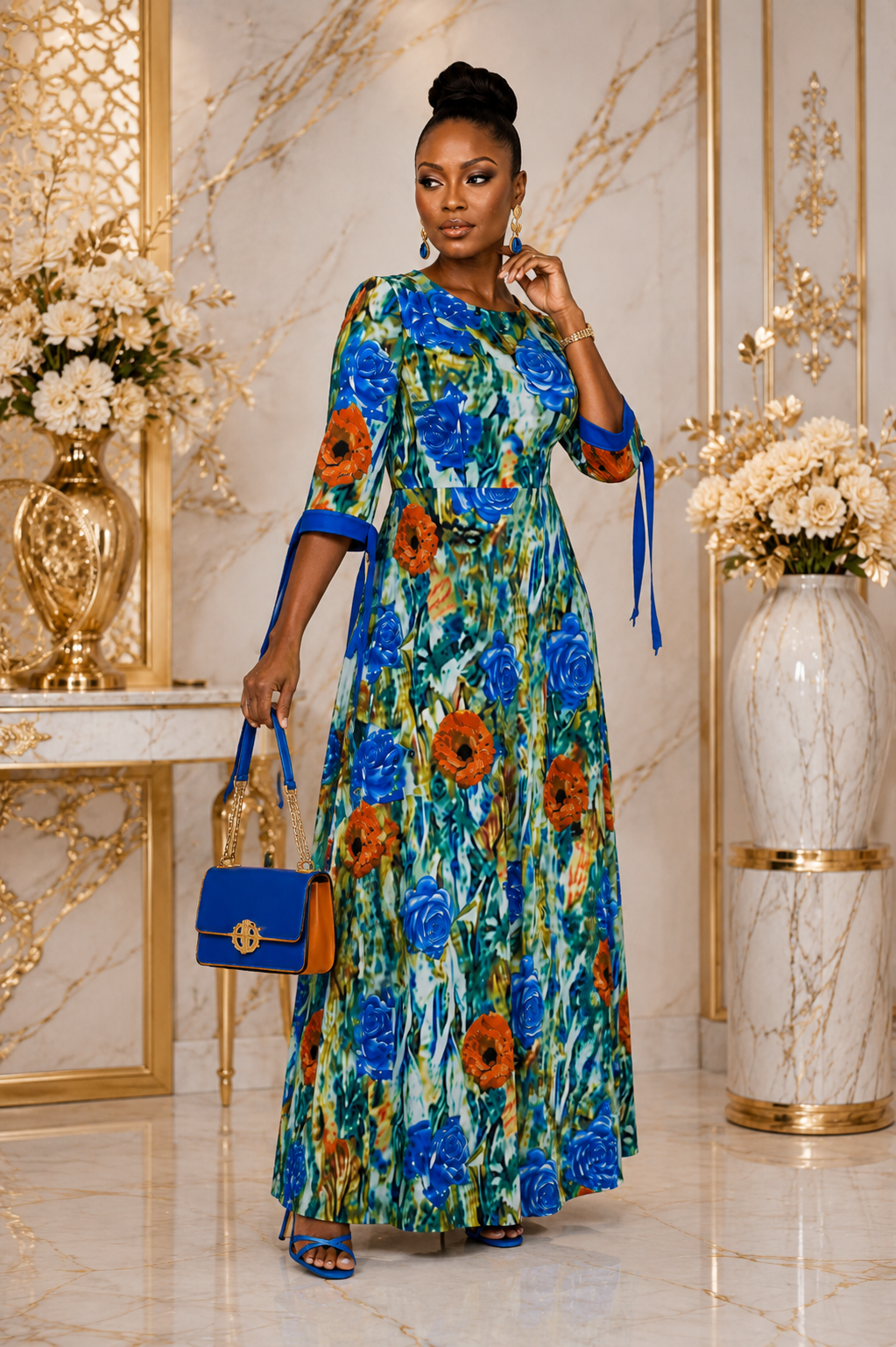 A woman models a vibrant blue, green, and orange floral maxi dress in an elegant, gold-accented marble interior. She is holding a matching blue handbag with gold accents.
