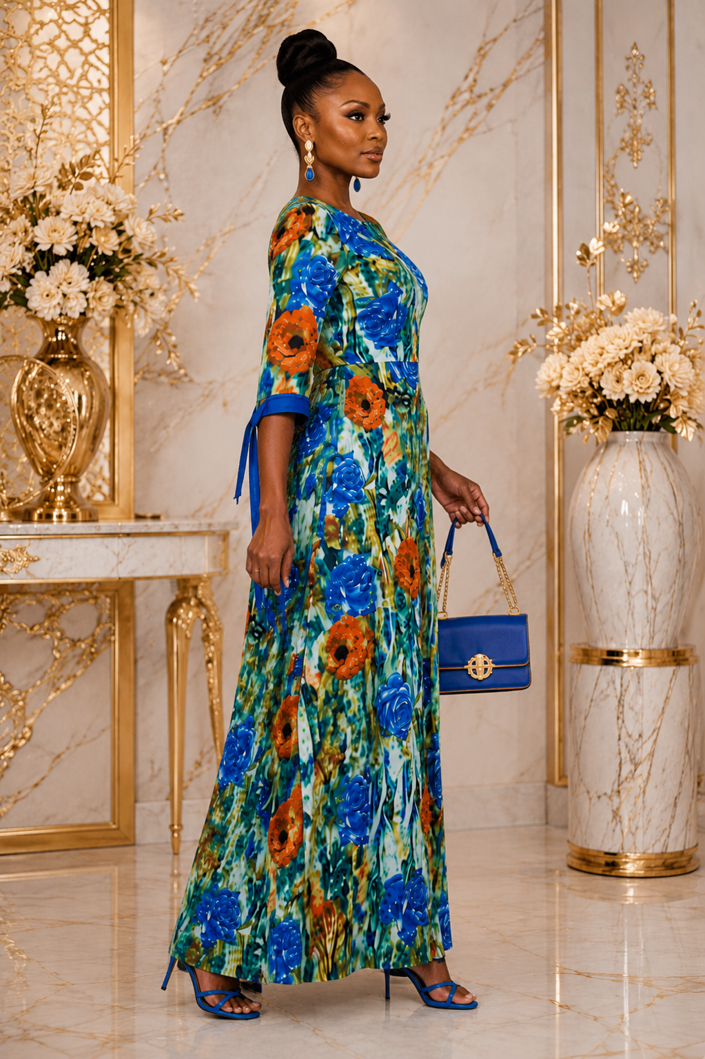 A woman models a vibrant, floor-length African print dress with blue, green, and orange floral patterns, styled with a matching blue handbag and blue heels in an elegant, gold-accented interior.