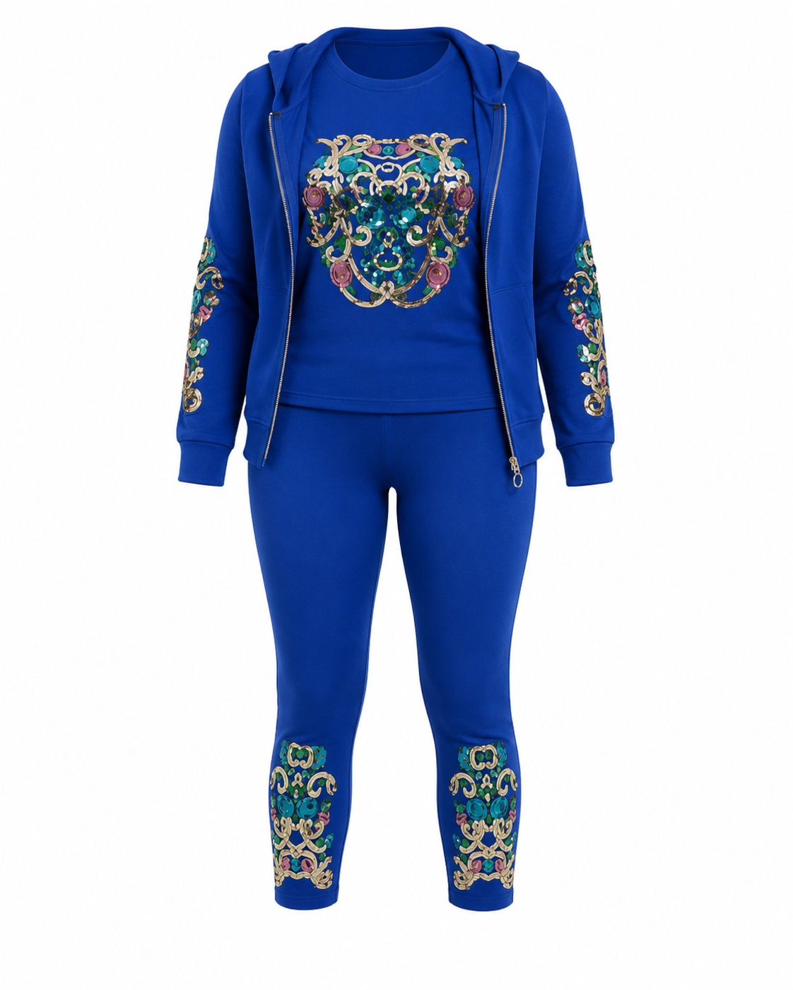 A royal blue two-piece tracksuit featuring a zip-up hoodie and matching leggings, both decorated with ornate multicolor embroidered patterns on the chest and sleeves, and on the lower legs.