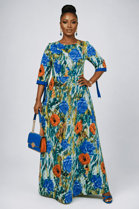 Blue & Orange Floral Print Maxi Dress – Elegant African-Inspired Women's Modest Long Dress with 3/4 Sleeve Tie Detail - Maxi Dress - Cherubim Aura