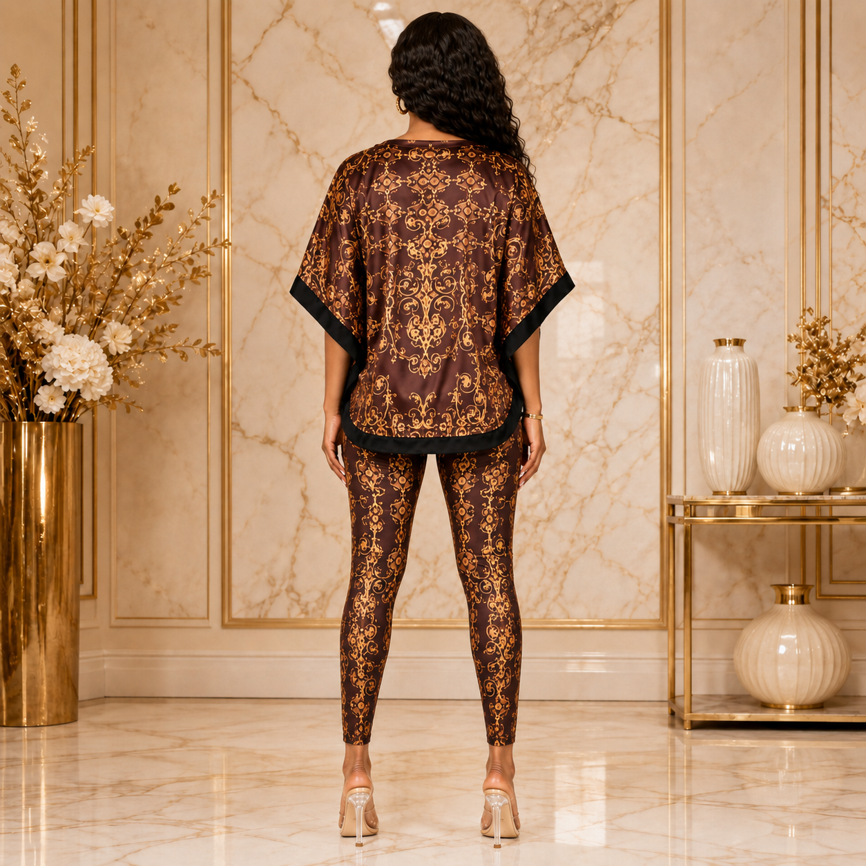 A woman stands with her back to the camera wearing a matching two-piece lounge set with a brown and gold damask pattern and black trim, set against a luxurious beige marble wall with gold accents.
