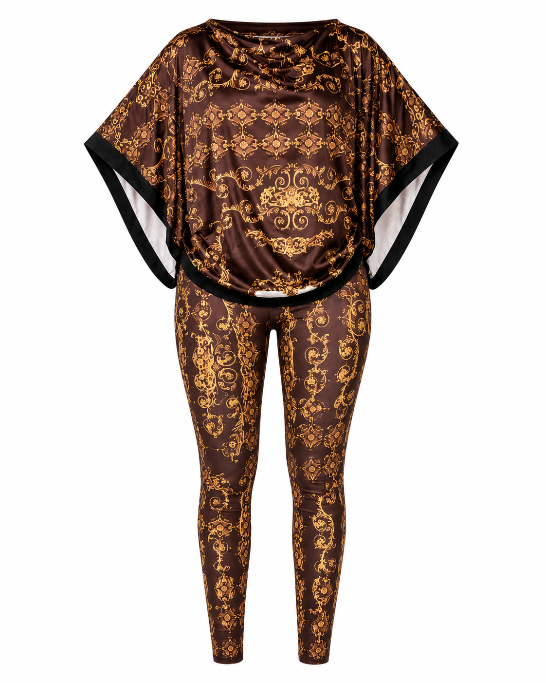 A two-piece matching set featuring a short-sleeve poncho top and leggings with an ornate gold baroque pattern on a dark brown background, finished with black trim and white lining details.