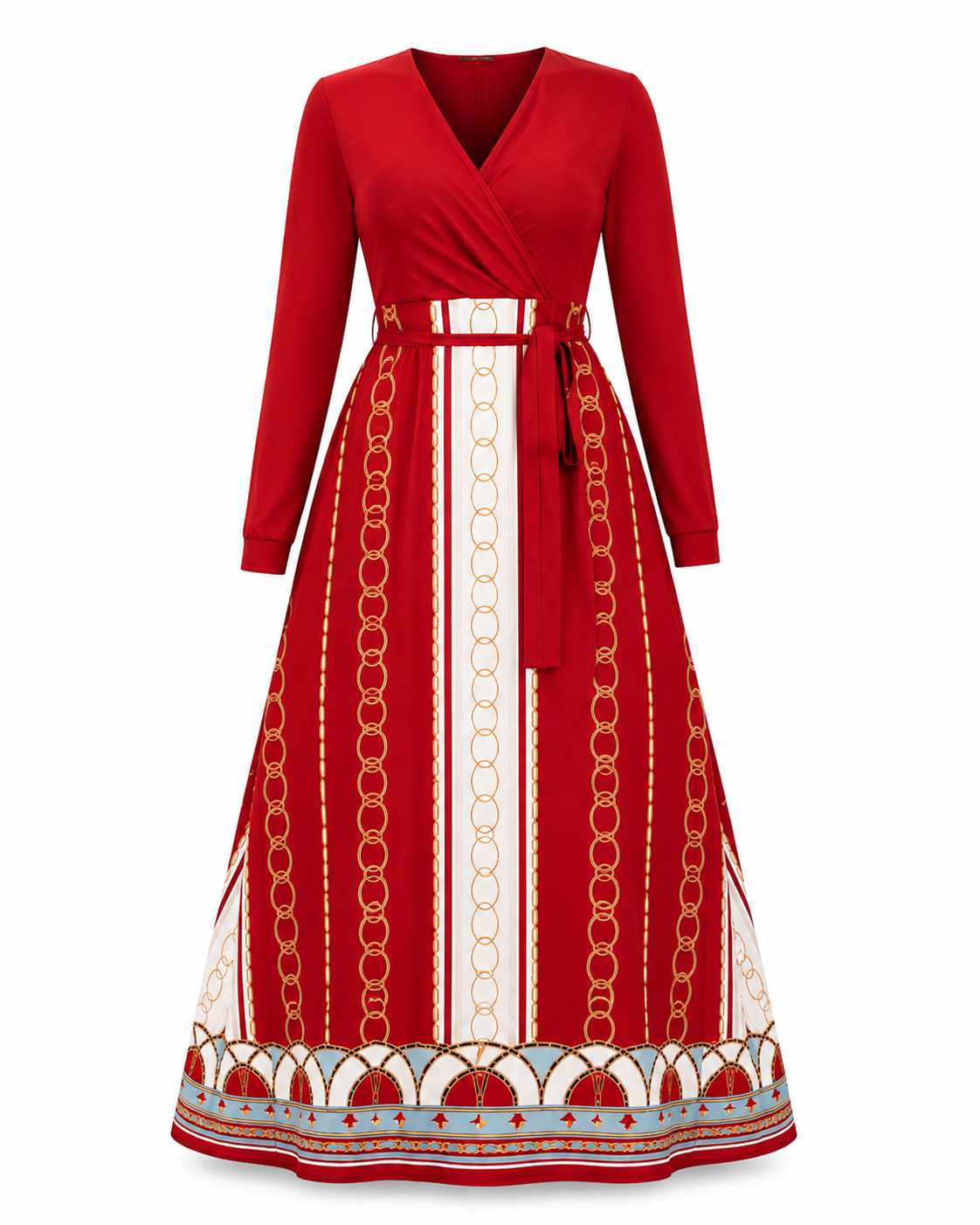 A long-sleeve wrap maxi dress in red, featuring a central white panel with vertical gold chain motifs, a matching red waist tie, and an ornate red, white, and blue patterned hem.