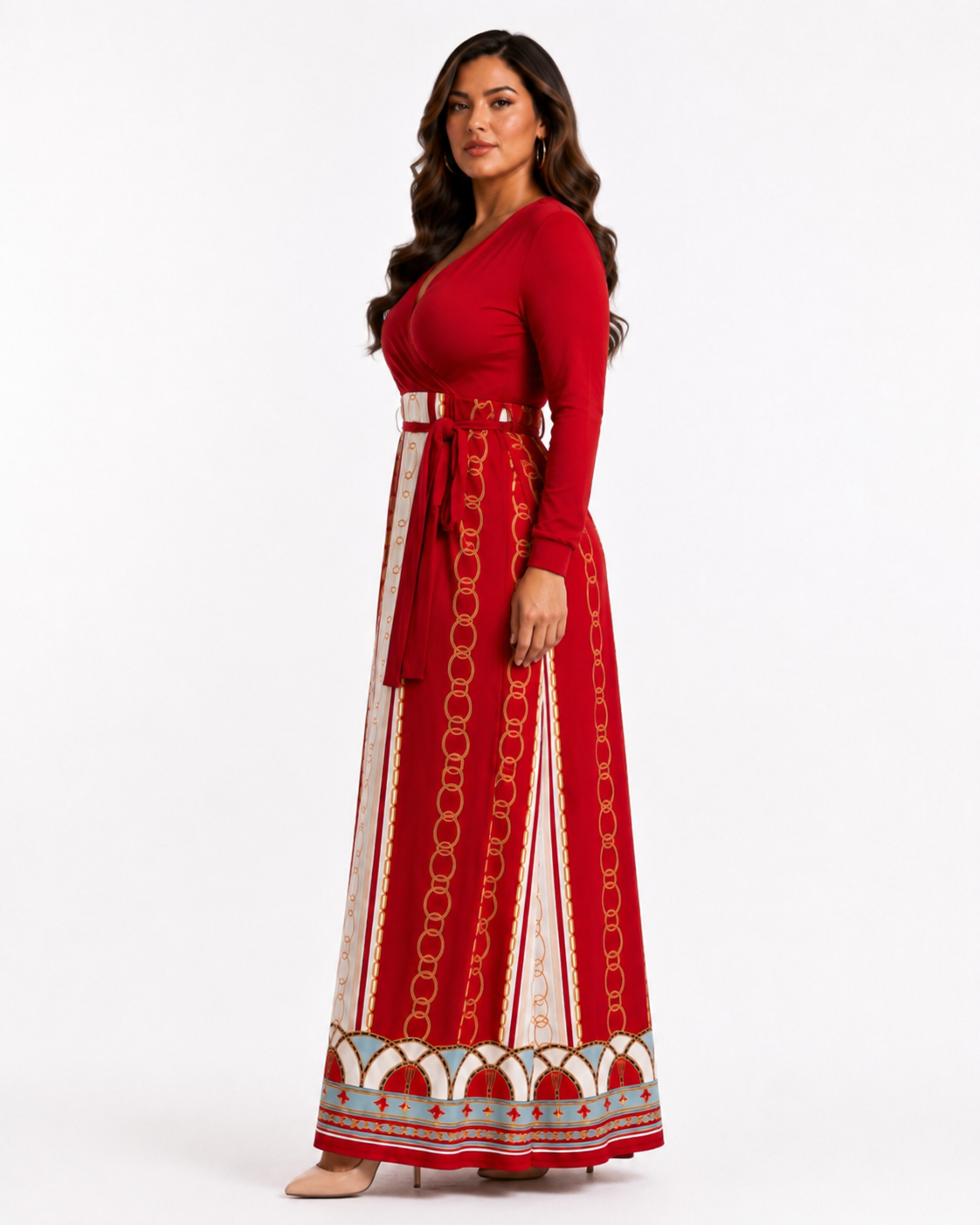 Chain Print High Waist Maxi Dress | Long Sleeve V-Neck Fit & Flare Dress