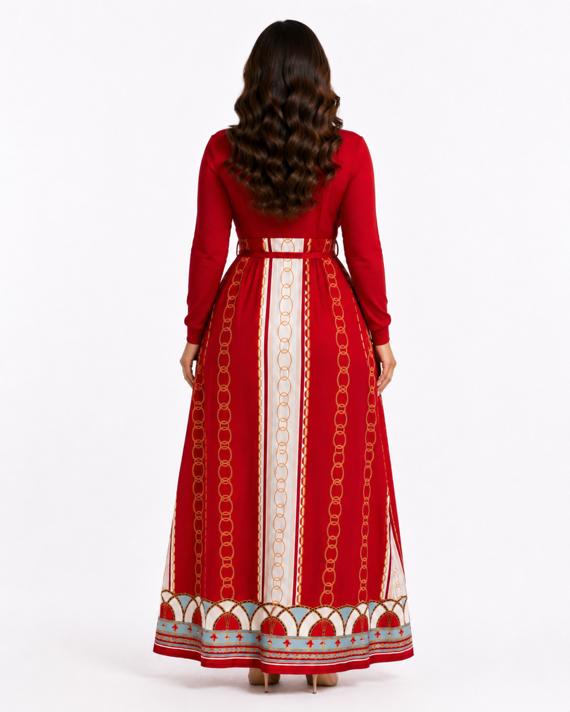 Chain Print High Waist Maxi Dress | Long Sleeve V-Neck Fit & Flare Dress