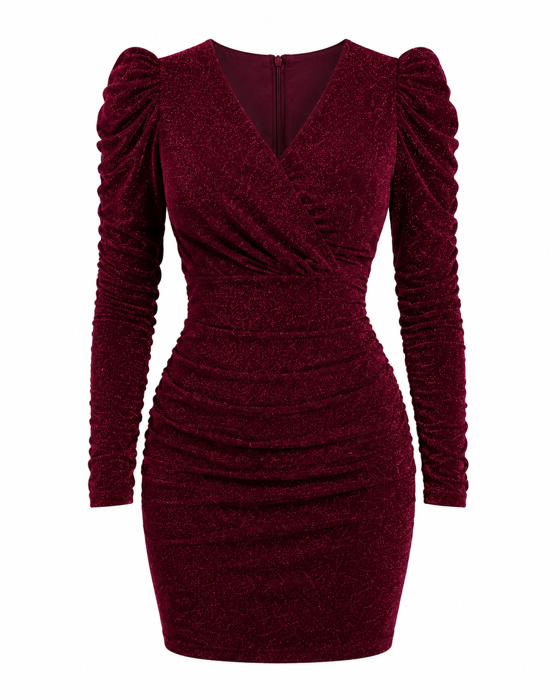 A long-sleeve bodycon mini dress in deep burgundy velvet, featuring a V-neckline, ruched crossover bodice, and gathered sleeves, shown against a plain white background.