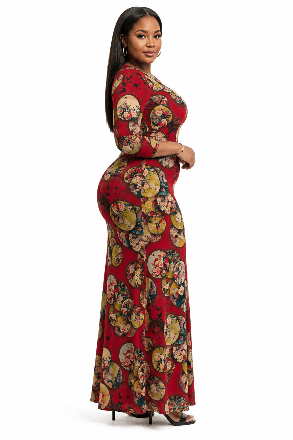Burgundy Multicoloured Floral Circle Print Maxi Dress | 3/4 Sleeve Crew Neck Women’s Long Dress - Maxi Dress - Cherubim Aura