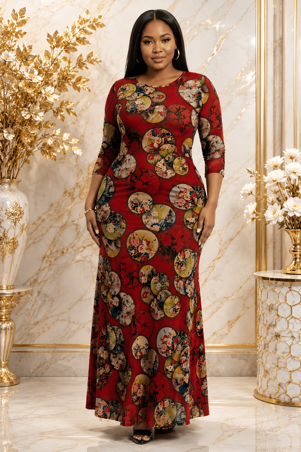 Burgundy Multicoloured Floral Circle Print Maxi Dress | 3/4 Sleeve Crew Neck Women’s Long Dress - Maxi Dress - Cherubim Aura