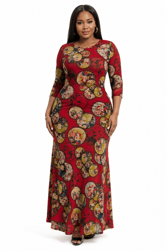 Burgundy Multicoloured Floral Circle Print Maxi Dress | 3/4 Sleeve Crew Neck Women’s Long Dress - Maxi Dress - Cherubim Aura