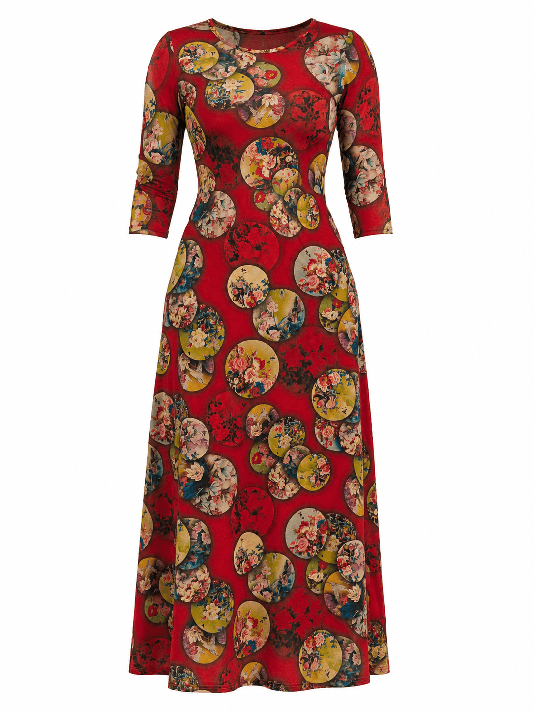 Burgundy Multicoloured Floral Circle Print Maxi Dress | 3/4 Sleeve Crew Neck Women’s Long Dress - Maxi Dress - Cherubim Aura