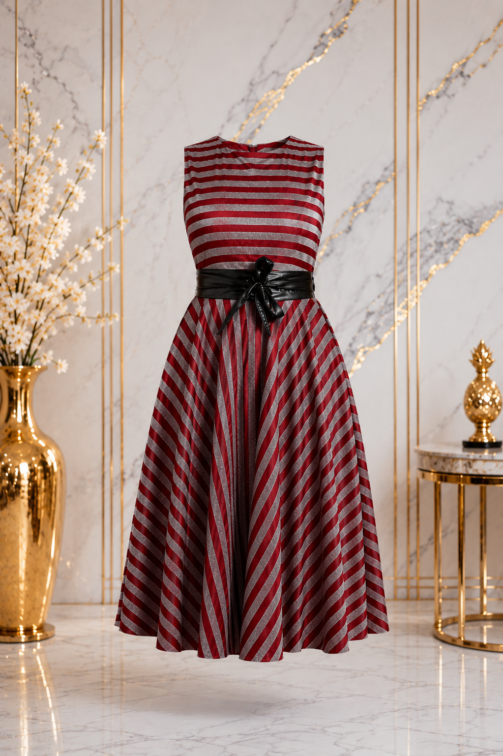 Luxury Metallic Stripe Sleeveless Fit & Flare Midi Dress with Waist Belt – Women's Elegant Occasion Dress