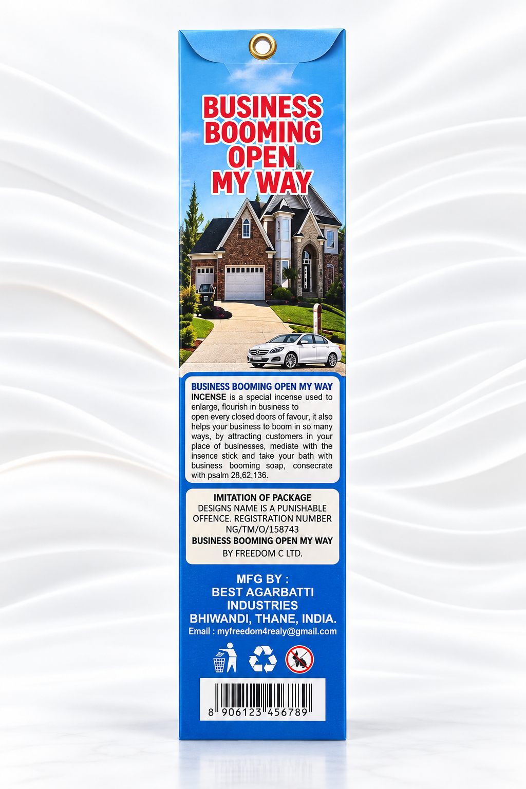A tall blue rectangular sign or poster with a hanging hole at the top, featuring the text 'BUSINESS BOOMING OPEN MY WAY' in red and white, plus a house photo and small business information blocks. The sign is centered on a white background with soft wave-like shadows.