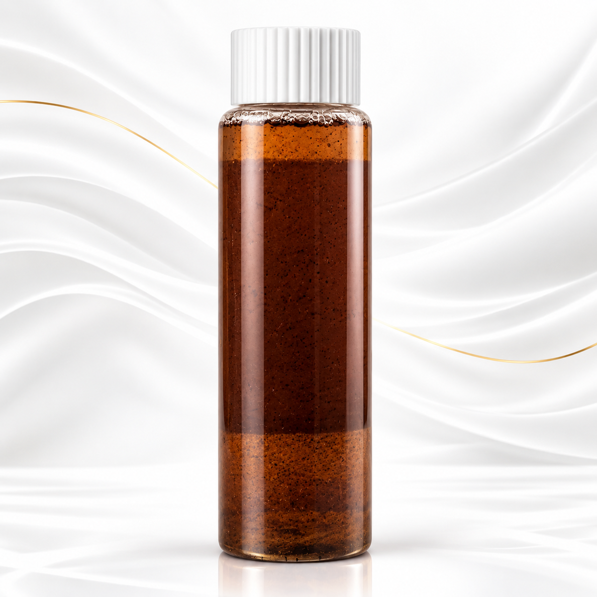 A clear cylindrical bottle with a white ribbed cap, filled with a dark amber-brown liquid and containing visible dark specks, centered against a white draped background with subtle gold curved lines.