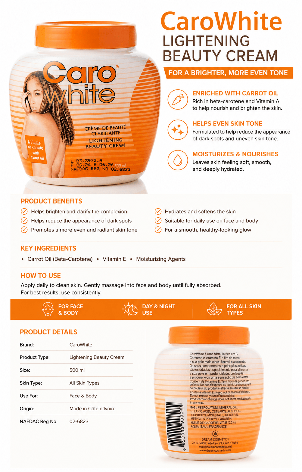 Caro White Lightening Beauty Cream With Carrot Oil – Skin Caro White Lightening Beauty Cream with Carrot Oil & Vitamin EBrightening & Moisturizing Body Cream 500ml - Skincare - Cherubim Aura