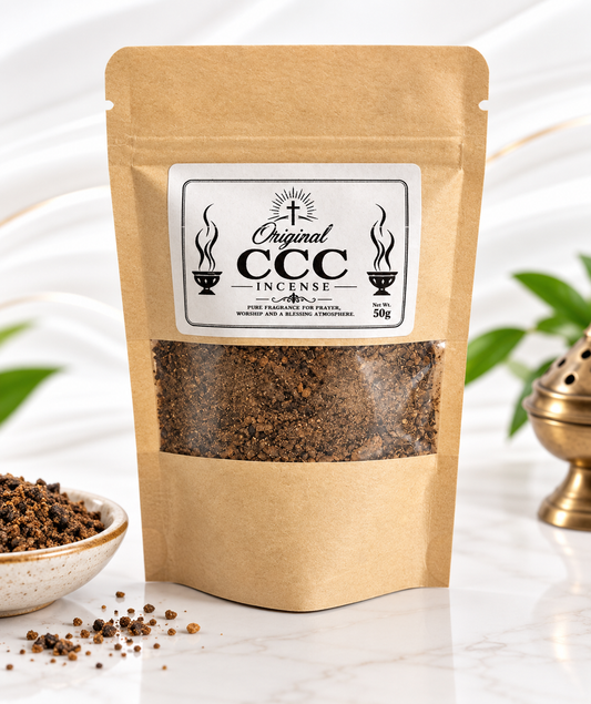 A 50g stand-up pouch of Original CCC Incense on a white marble surface, with a small bowl of loose incense and a brass incense burner in the background.