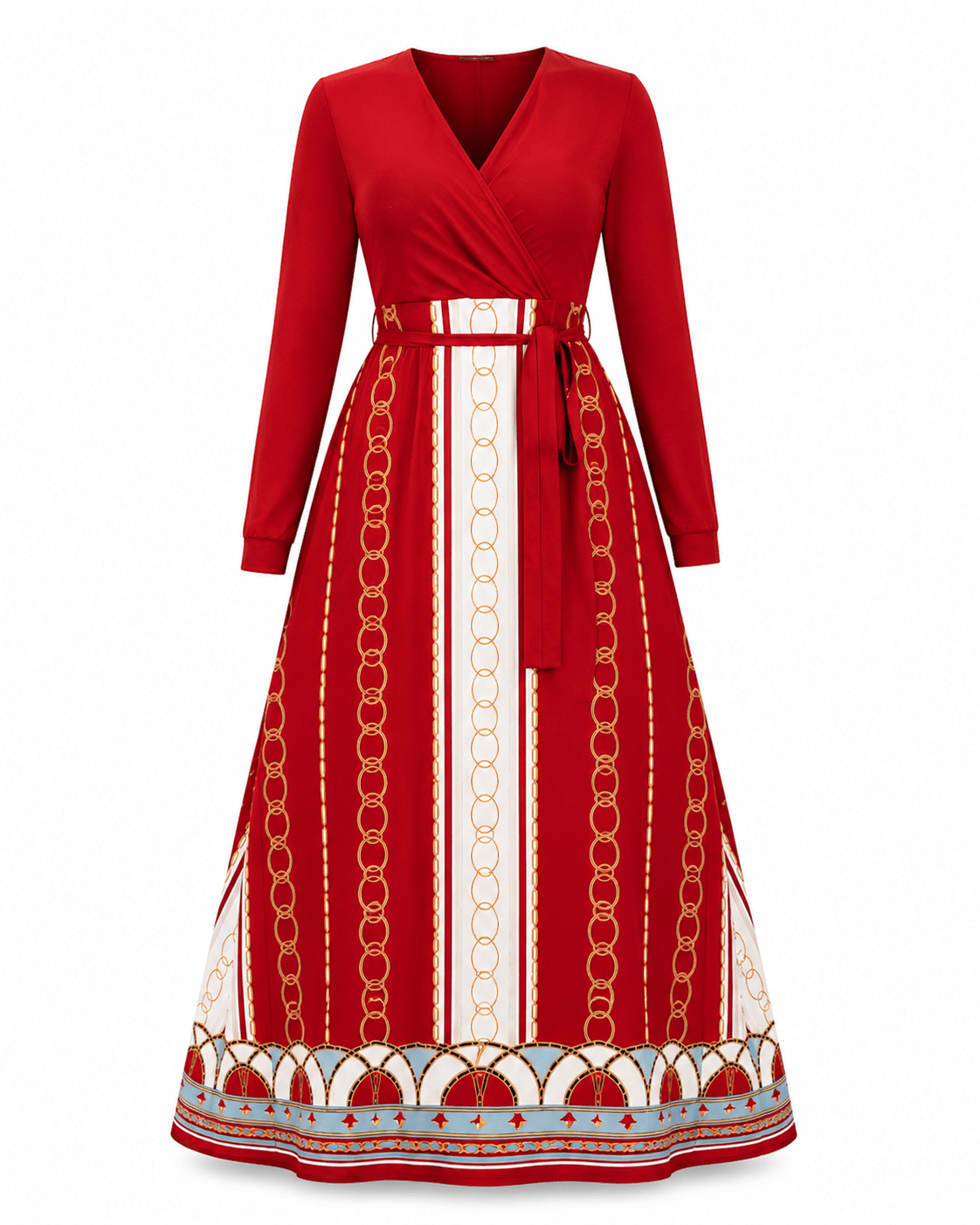 Chain Print High Waist Maxi Dress | Long Sleeve V-Neck Fit & Flare Dress - Maxi Dress - Cherubim Aura