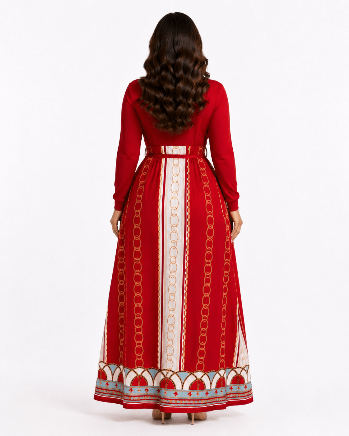 Chain Print High Waist Maxi Dress | Long Sleeve V-Neck Fit & Flare Dress - Maxi Dress - Cherubim Aura