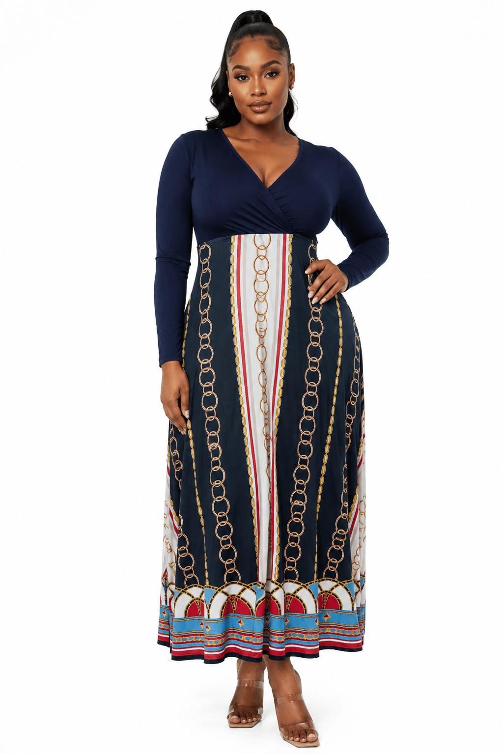 Chain Print High Waist Maxi Dress | Long Sleeve V-Neck Fit & Flare Dress - Maxi Dress - Cherubim Aura