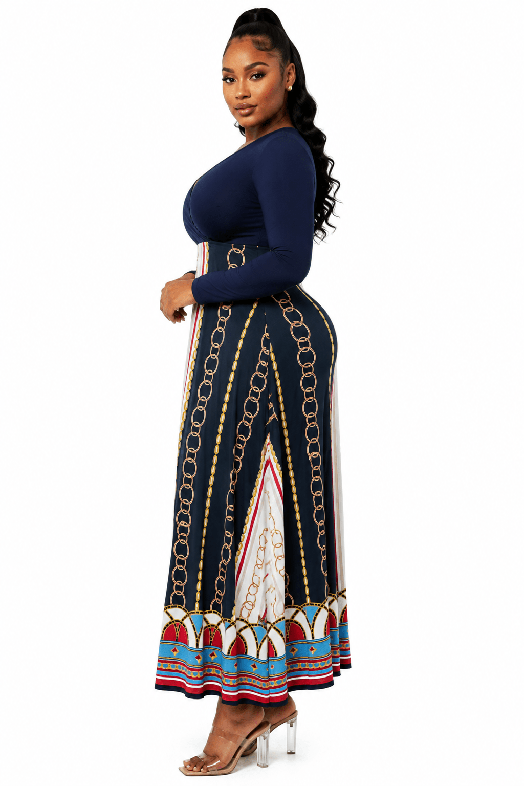 Chain Print High Waist Maxi Dress | Long Sleeve V-Neck Fit & Flare Dress - Maxi Dress - Cherubim Aura