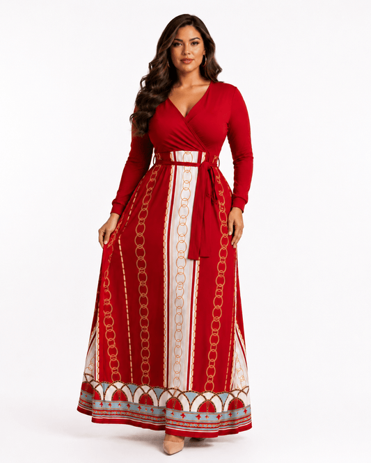 Chain Print High Waist Maxi Dress | Long Sleeve V-Neck Fit & Flare Dress - Maxi Dress - Cherubim Aura