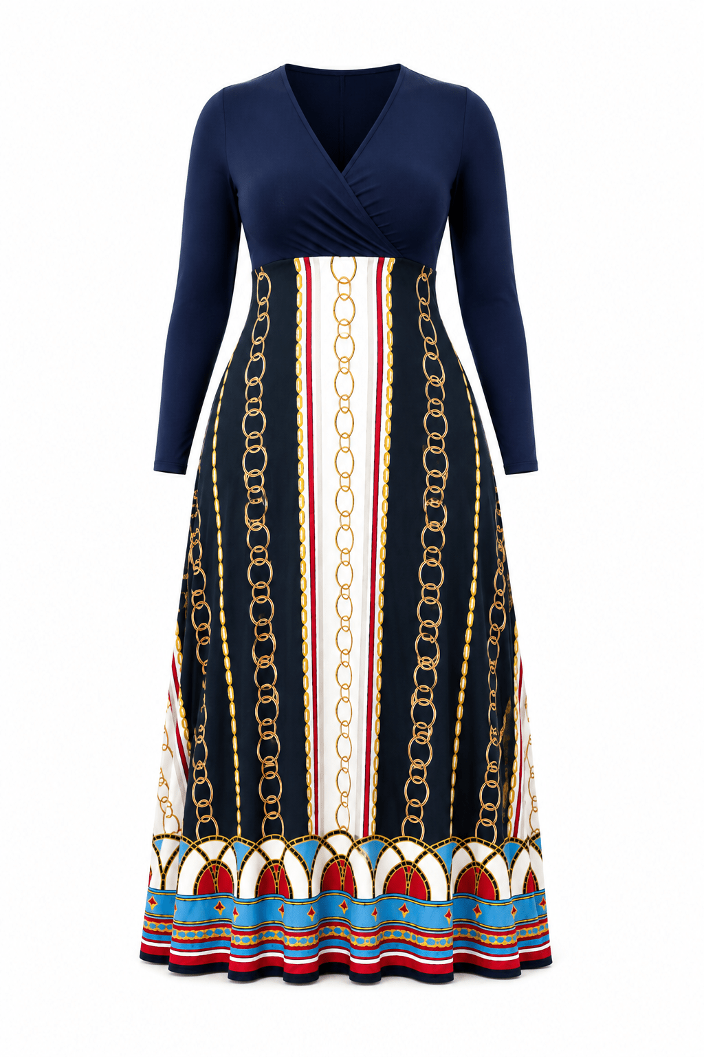 Chain Print High Waist Maxi Dress | Long Sleeve V-Neck Fit & Flare Dress - Maxi Dress - Cherubim Aura