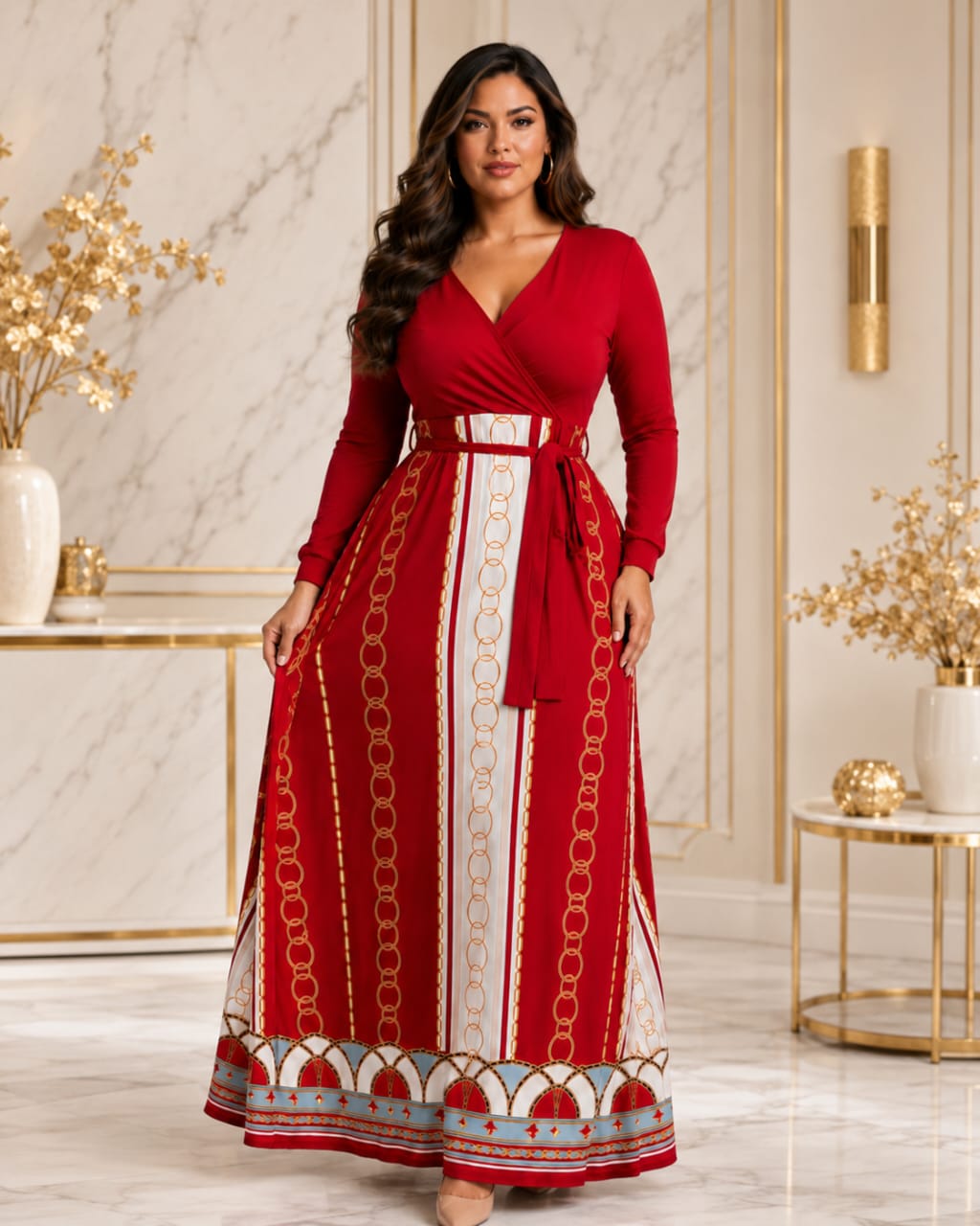 Chain Print High Waist Maxi Dress | Long Sleeve V-Neck Fit & Flare Dress - Maxi Dress - Cherubim Aura