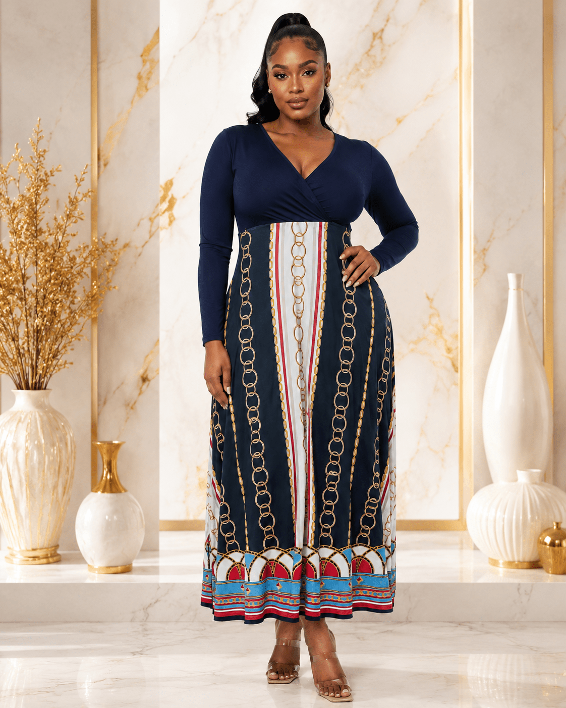 Chain Print High Waist Maxi Dress | Long Sleeve V-Neck Fit & Flare Dress - Maxi Dress - Cherubim Aura
