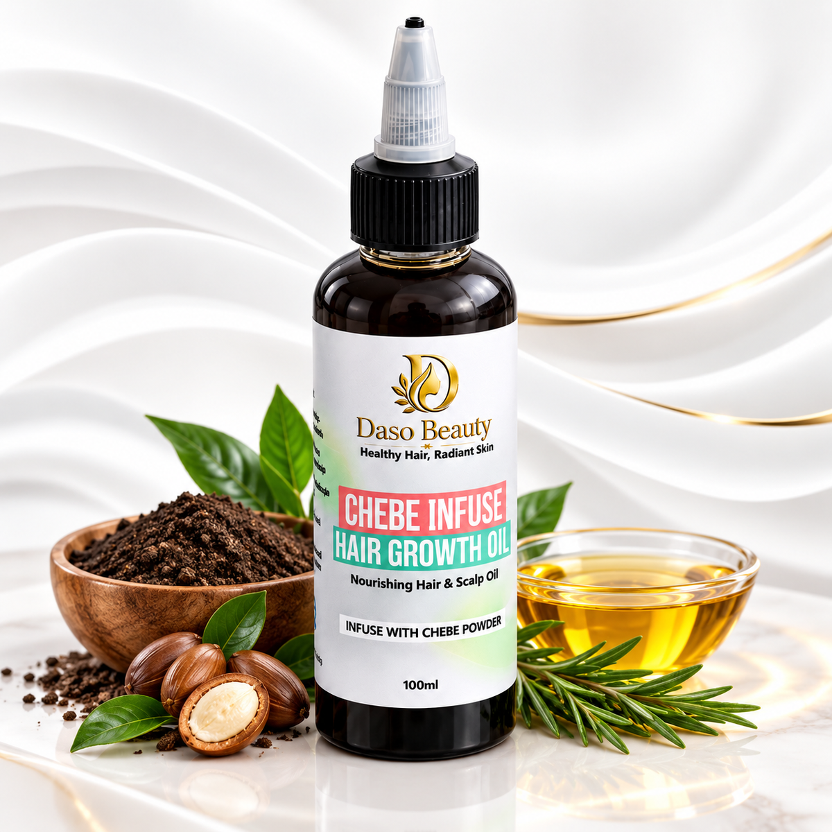 A 100ml bottle of Daso Beauty Chebe Infuse Hair Growth Oil, styled with ingredients including a wooden bowl of chene powder, whole and sliced cashews, rosemary sprigs, and a small glass of golden oil on a white background with gold leaf accents.