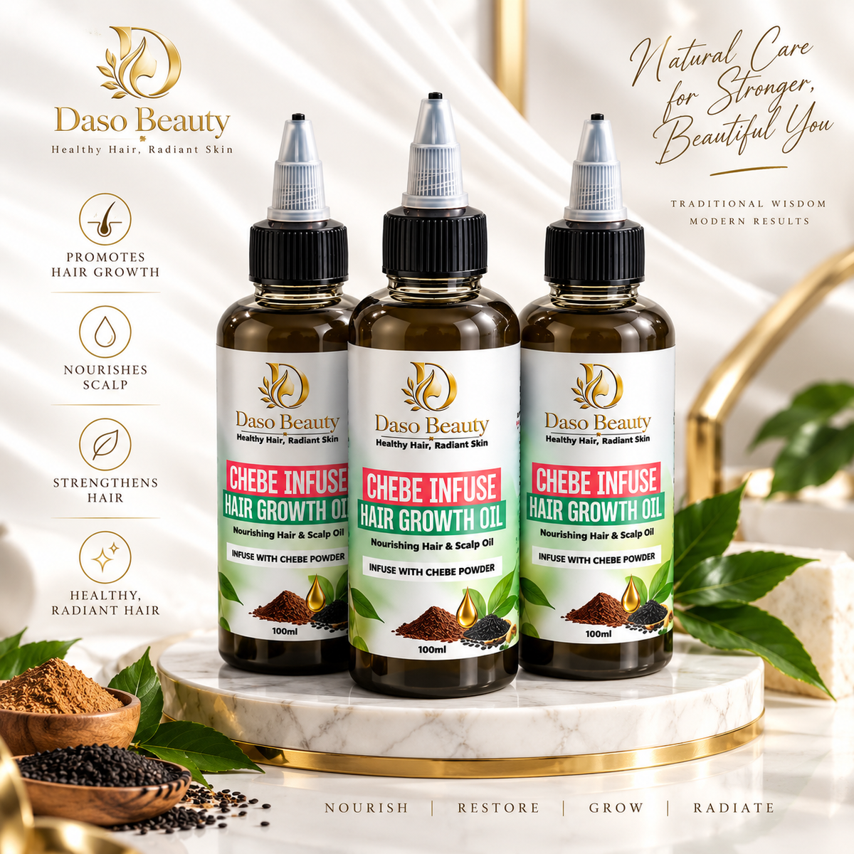 Three bottles of Daso Beauty Chebe Infuse Hair Growth Oil arranged on a marble pedestal with decorative herbs, seeds, and branding text around them.