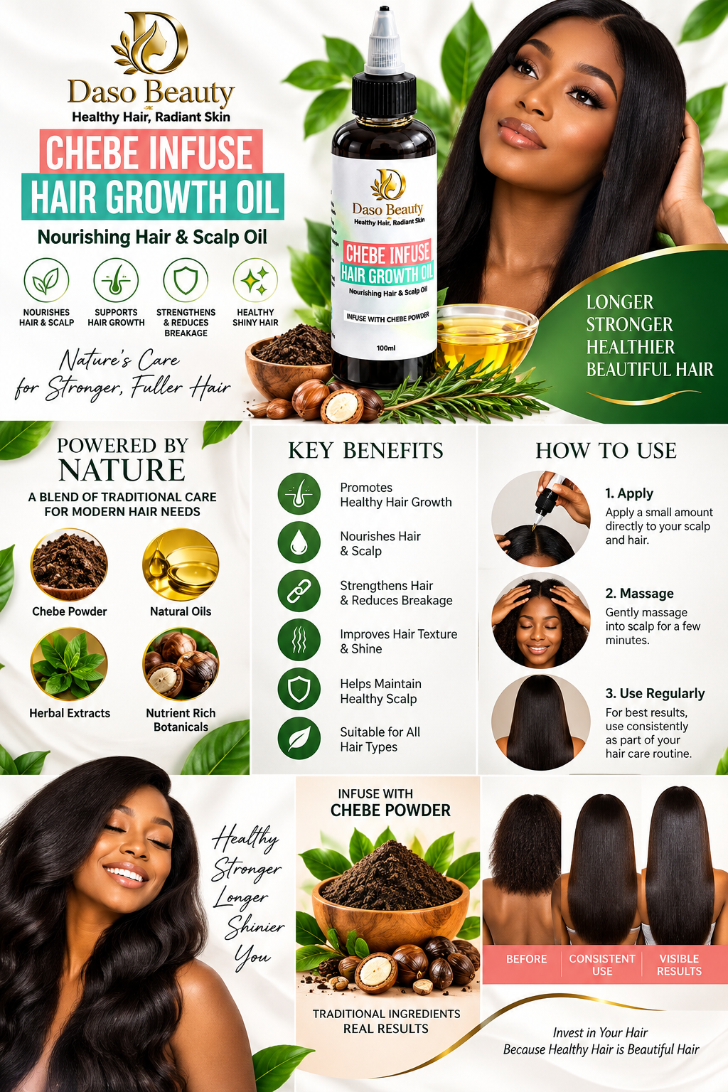 An infographic-style product page for Daso Beauty Chebe Infuse Hair Growth Oil, featuring a bottle of the oil, a glass of the oil, hair growth ingredients, before/after hair photos, and step-by-step usage instructions on a white background with green and orange accents.