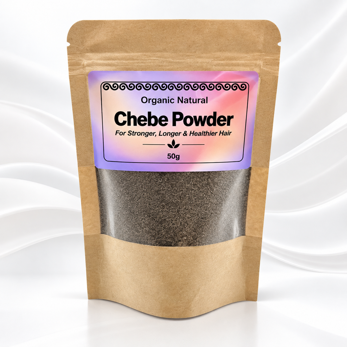 A 50g stand-up kraft paper pouch of Organic Natural Chebe Powder, displayed against a white background with soft, elegant wave patterns.