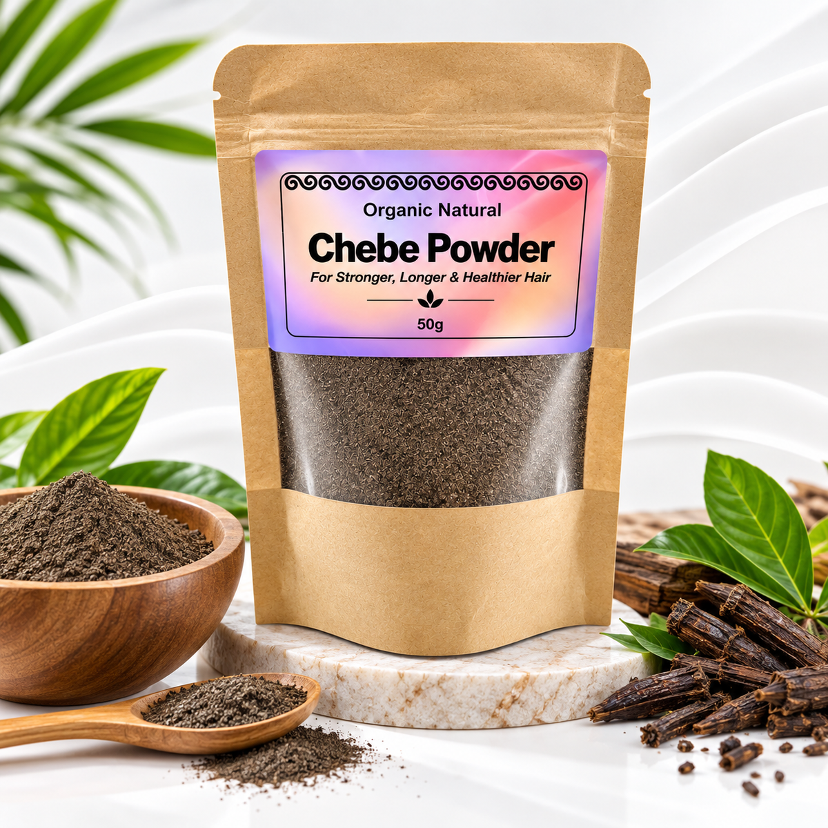 A kraft paper stand-up pouch labeled 'Organic Natural Chebe Powder' is centered on a white marble slab with a bowl of loose powder, a wooden spoon, and dried roots/leaves arranged around it. The pouch has a clear window showing dark brown powder inside, and the label has a pink-to-purple gradient background.