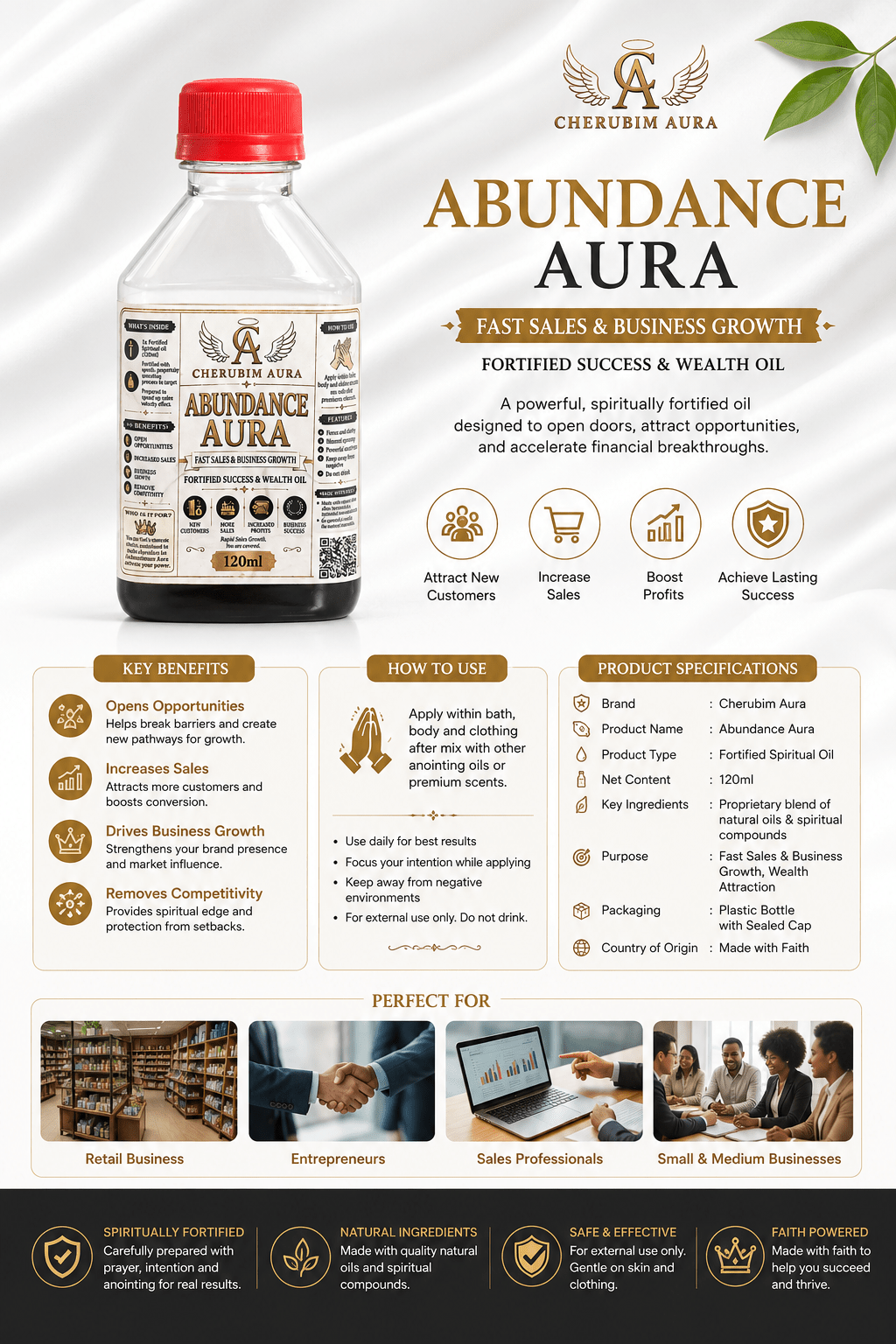 Cherubim Aura Abundance Fast Sales & Business Growth Fortified Oil – 120ml - Spiritual Oil - Cherubim Aura