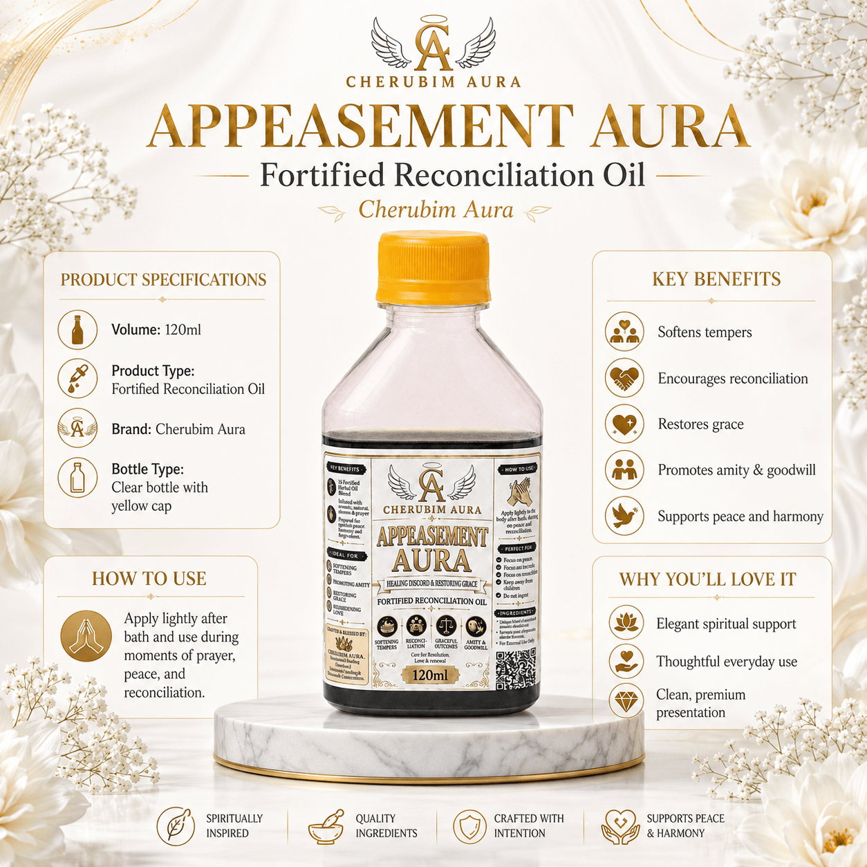 Cherubim Aura Appeasement Healing Discord & Restoring Grace Fortified Oil – 120ml - Spiritual Oil - Cherubim Aura