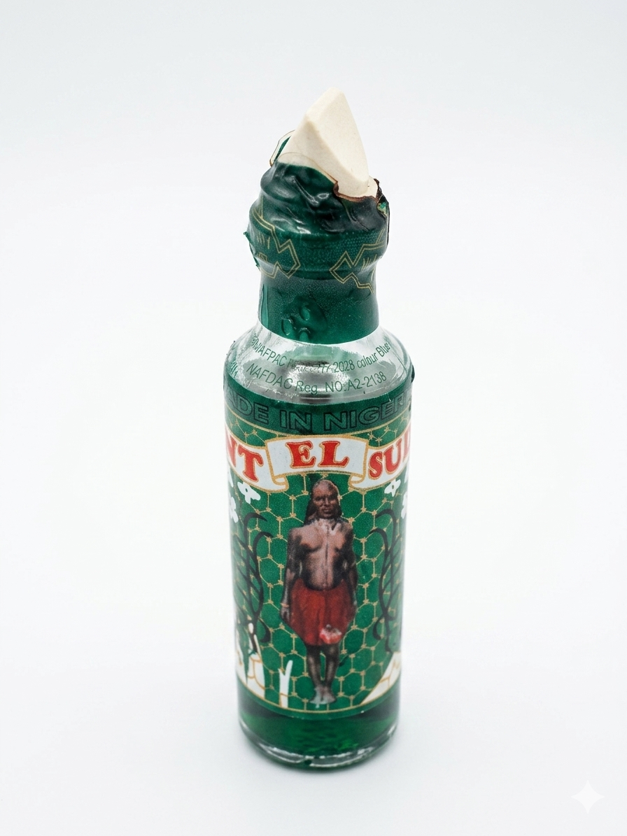 Authentic 12ml Bintu Sudan spiritual oil in a clear glass bottle with a green cap, widely used in African traditions for spiritual protection, luck, and wedding rituals.