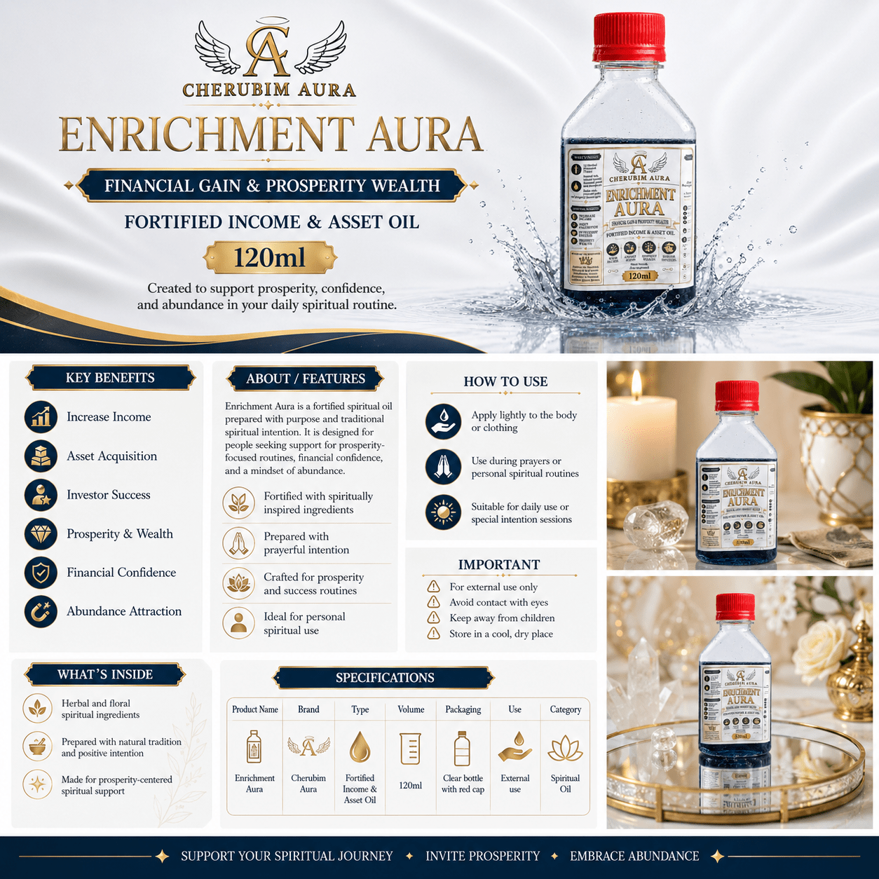 Cherubim Aura Enrichment Financial Gain & Property Wealth Fortified Oil – 120ml - Spiritual Oil - Cherubim Aura