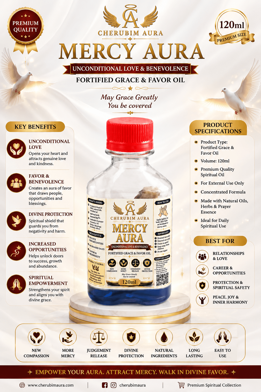 Cherubim Aura Mercy Unconditional Love & Benevolence Fortified Oil – 120ml - Spiritual Oil - Cherubim Aura