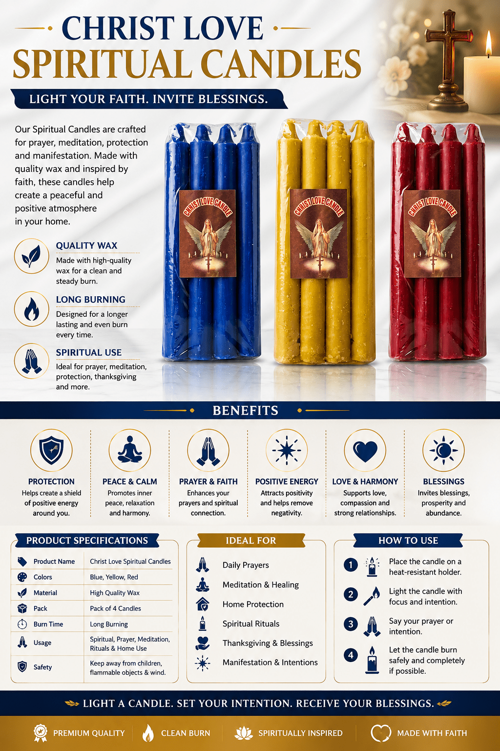 Christ Love Prayer Candles Pack of 8 – Spiritual & Devotional Candles – 3 Colours - Spiritual Candles - Cherubim Aura