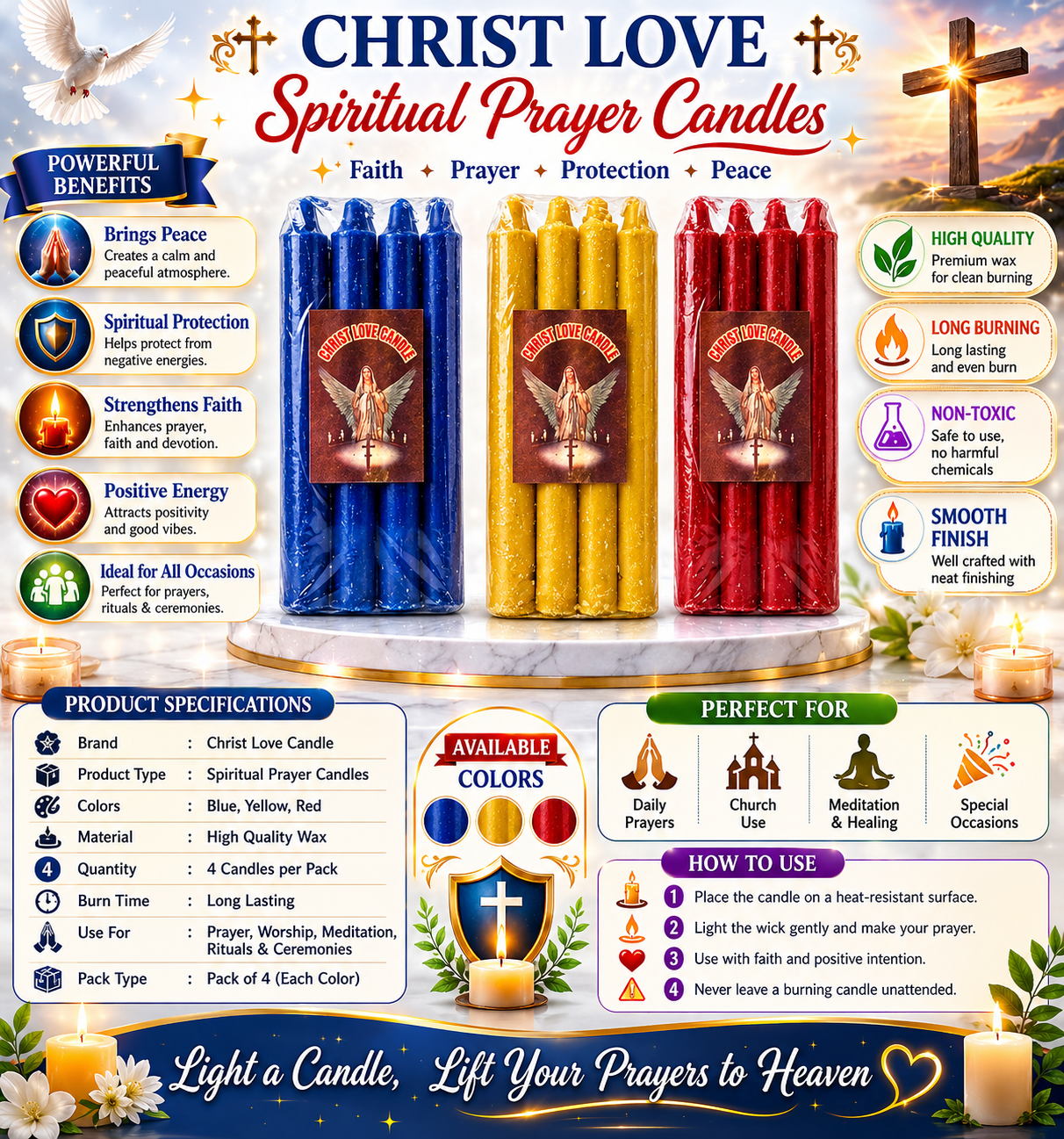 Christ Love Prayer Candles Pack of 8 – Spiritual & Devotional Candles – 3 Colours - Spiritual Candles - Cherubim Aura