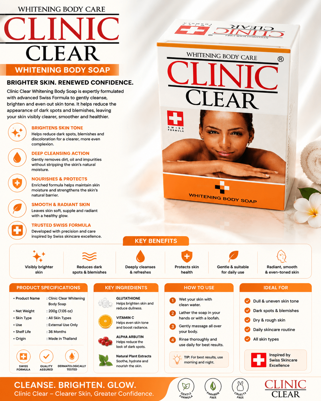 Clinic Clear Whitening Body Soap – Brightening Cleansing Bar with Carrot Extract, Shea Butter, Coconut Oil & Vitamins C and E - Skincare - Cherubim Aura